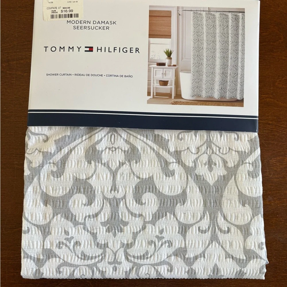 Tommy Hilfiger Modern Damask Seersucker Shower Curtain - Gray and White